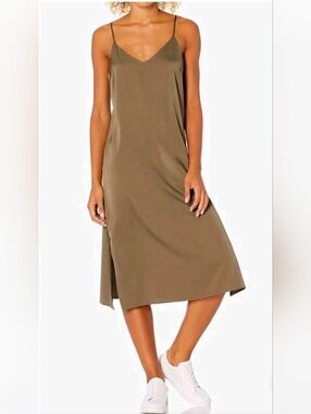 THE DROP Midi Olive Satin Slip Dress Side Slits Size XL